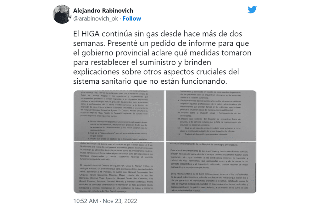 El senador de Juntos, Alejandro Rabinovich cruzó a la Gobernación de Provincia de Buenos Aires por el estado de abandono en el que están los hospitales. 