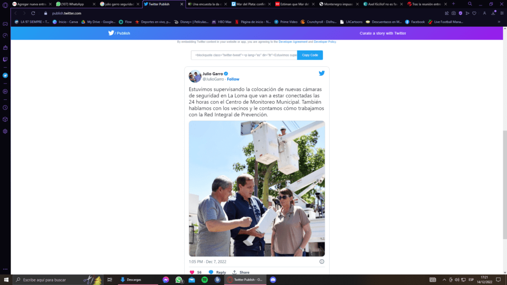 Tweet oficial del intendente de La Plata, Julio Garro.